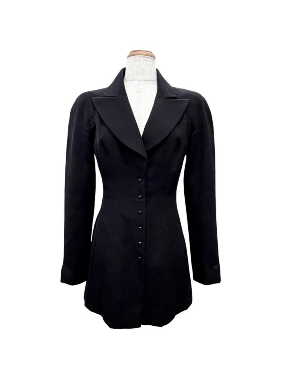 Chanel Vintage Wool CC Logo Tuck Button Peak Lapel Jacket Black 34